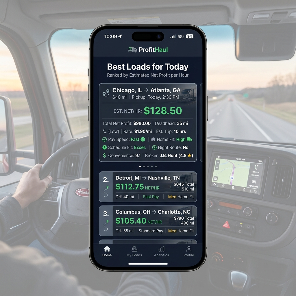ProfitHaul app showing loads ranked by estimated net profit per hour